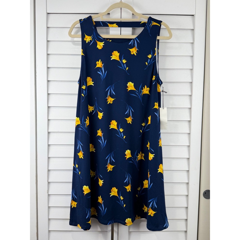 Nine Britton Shift Dress XL Navy Yellow Floral Ladder Back Pockets NEW